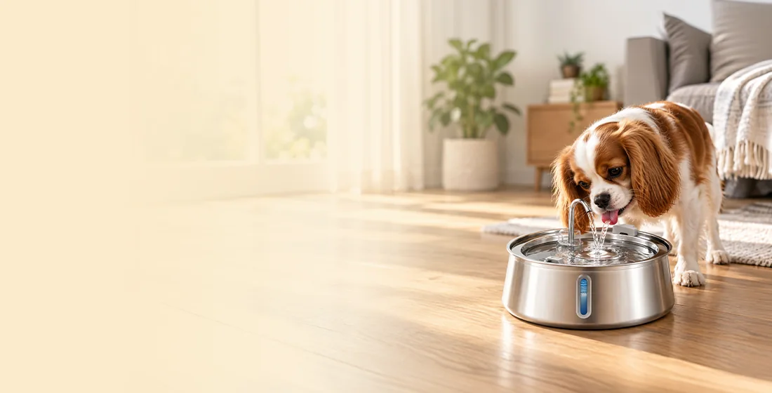 Dog drinking from the FounTail cordless water fountain at home
