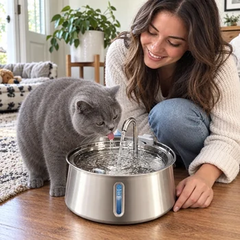 Cat drinking fresh flowing water from the FounTail stainless steel fountain